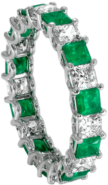 Emerald and diamond wedding bands set in white gold and platinum