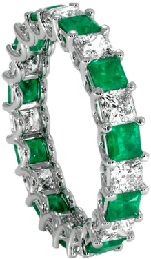 Emerald and diamond wedding bands set in white gold and platinum